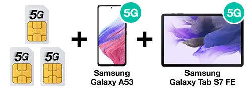 5G Multi-SIM + Samsung Galaxy A53 + Samsung Galaxy Tab S7 FE