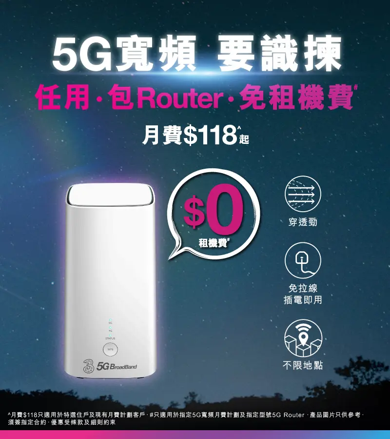 傳統固網問題多多？係時候棄固網，轉用5G寬頻喇！居屋及公屋住戶及現有3香港月費計劃客戶登記3香港5G 限時寬頻優惠，即可每月$118享用5G寬頻任用連特選5G Wi-Fi Router 或 +$38/月享3HK 5G CPE MC888 ! 立即申請，享用最神家居上網組合!