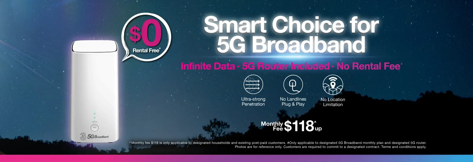5G Broadband limited offer exclusively for Public Housing Estates and Home Ownership Scheme households! Get Infinite 5G Broadband data with Selected 5G Wi-Fi 6 Router for a monthly fee of $88!