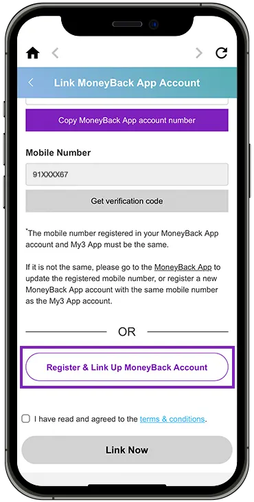 link up MoneyBack App account step 3