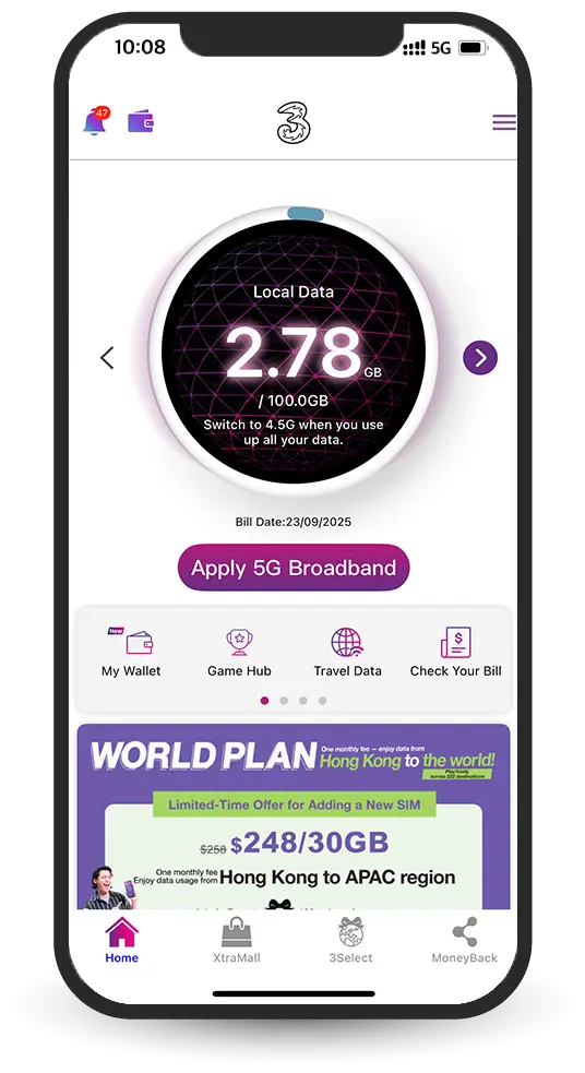 Manage your account. Check your data usage and call time. You can also settle bills and top-up through My3 App