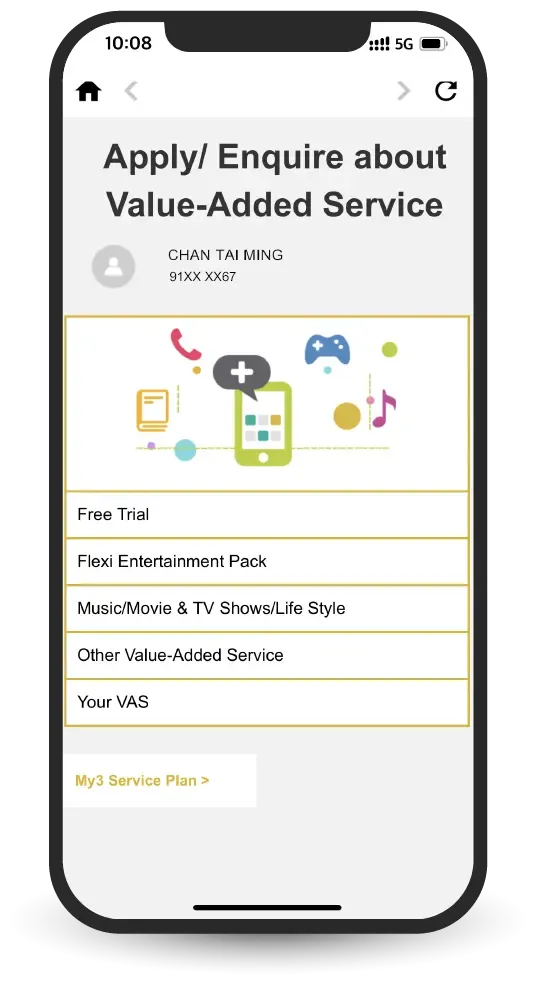 Apply/Enquire value-added service. Free trial. Flexi Entertainment Pack. Music/Movie & TV Show/Lifestyle.