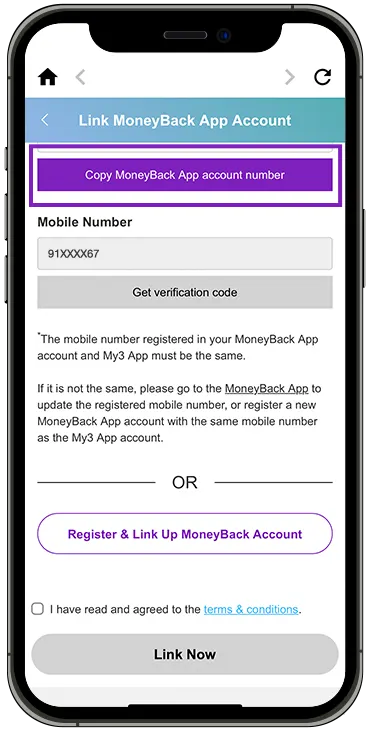 link up MoneyBack App account step 3