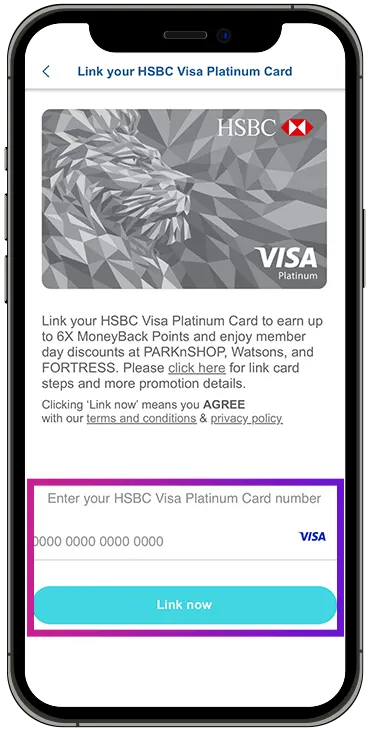 link your HSBC Visa Platinum Card to MoneyBack App account step 3