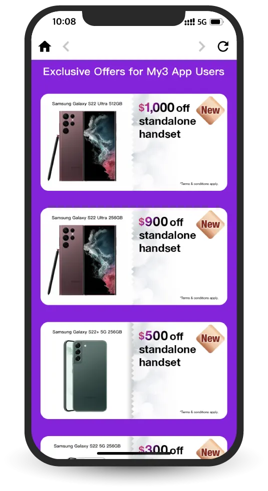 3Rewards. My3 App users can enjoy different standalone handset discounts. 