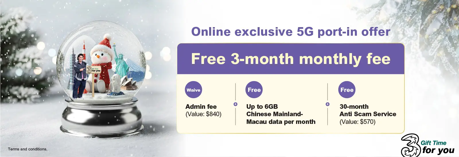 Port-in to 3HK 5G designated SIM plan, enjoy FREE 3-month for 5G plan at just $112/30GB and get FREE up to 6GB Mainland China-Macau shared data! 