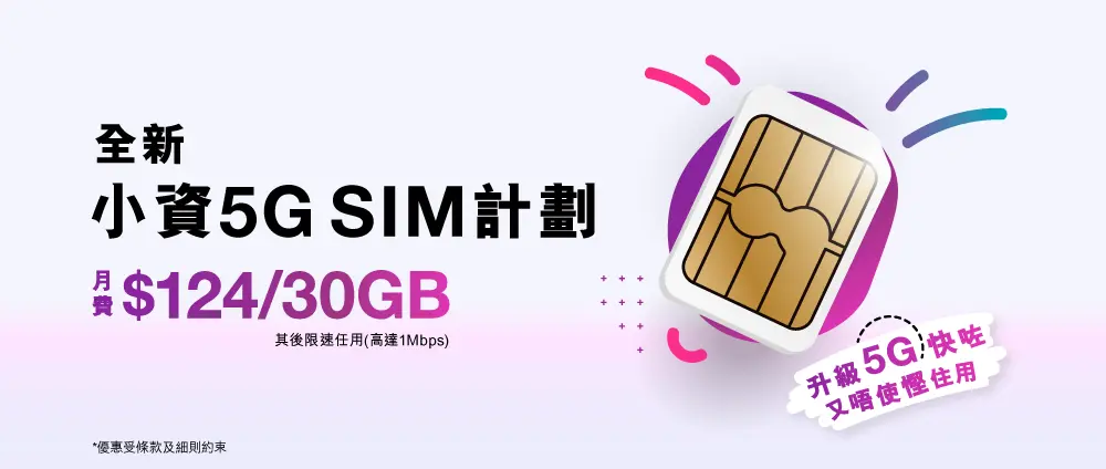 全新小資5G SIM計劃，每月只需$124就有30GB 5G數據，連其後速度高達1Mbps任用數據。升級5G快咗，又唔使慳住用。