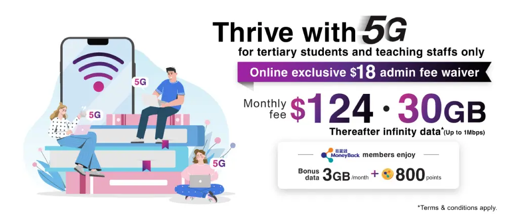 5G Tertiary Student Monthly Plan - 【Online exclusive $18 admin fee waiver】at only $124/month with 30GB 5G data plus infinite thereafter data of speed up to 1Mbps. Subscribe now!